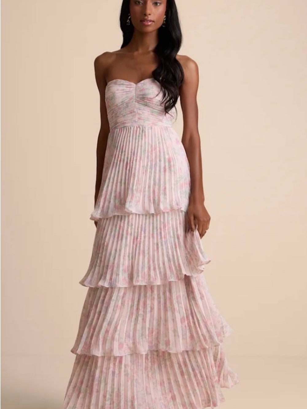 Lulu's Pink Floral Strapless Tiered Pleated Maxi Dress